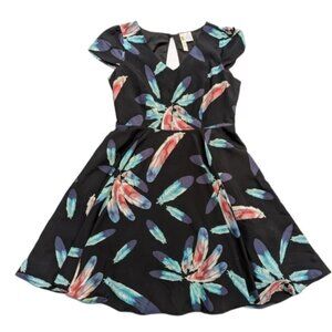 Alice Moon Anthropologie Black Feather Print Cut Out Dress  Fit & Flair Woman L